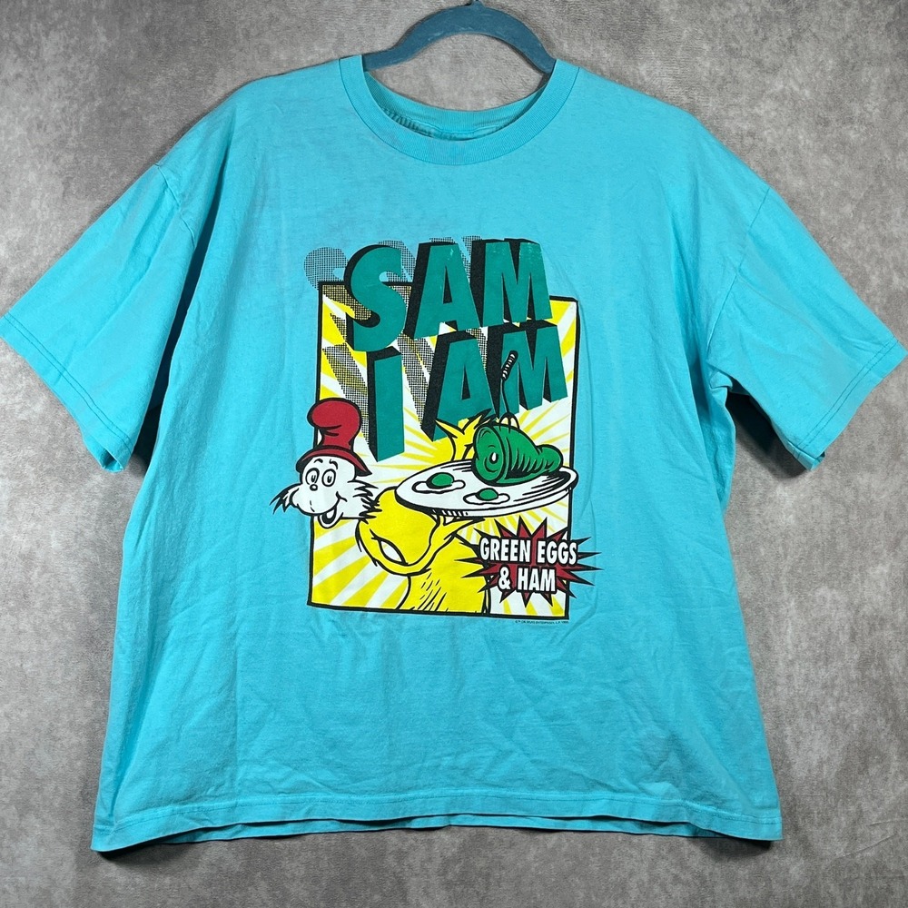 Vintage 90s Dr. Seuss Green Eggs & Ham Sam I Am Shirt Youth Medium Blue Graphic